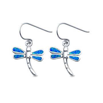 Dragonfly Drop Dangle Earrings Lab Created Blue Opal 925 Sterling Silver (15mm)